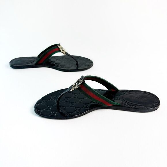 GUCCI Black Web Stripe GG Sandal 40.5 Flat Flip Flop Leather Guccissima Embossed - Picture 9 of 12